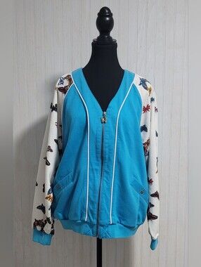 Janeve Vintage Butterfly Bomber Jacket Blue and White Size Small